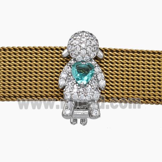 Copper Watchband Beads Pave Zirconia Kids Girl Flat Hole Platinum Plated