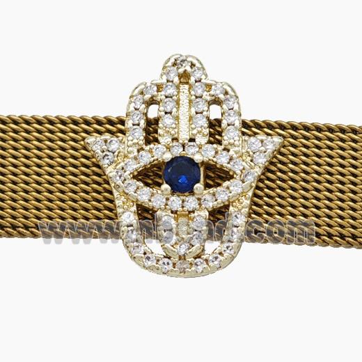 Copper Watchband Beads Pave Zirconia Hamsahand Flat Hole Gold Plated