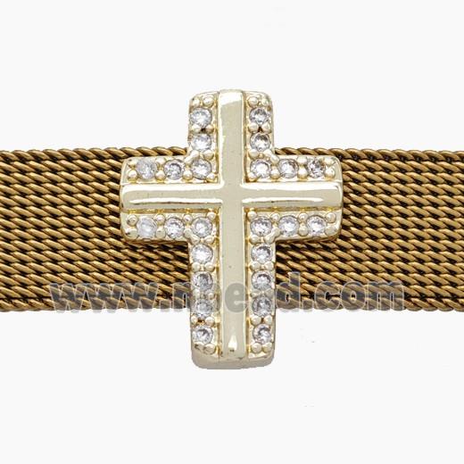 Copper Watchband Beads Pave Zirconia Cross Flat Hole Gold Plated