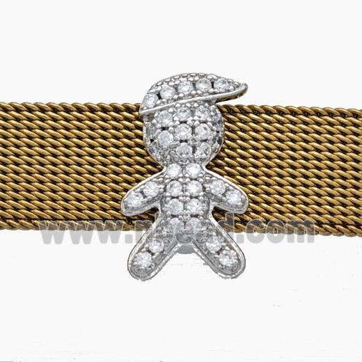 Copper Watchband Beads Pave Zirconia Kids Boy Flat Hole Platinum Plated
