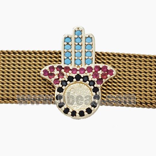 Copper Watchband Beads Pave Zirconia Hamsahand Flat Hole Gold Plated
