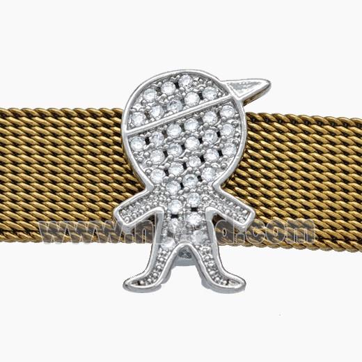 Copper Watchband Beads Pave Zirconia Kids Boy Flat Hole Platinum Plated