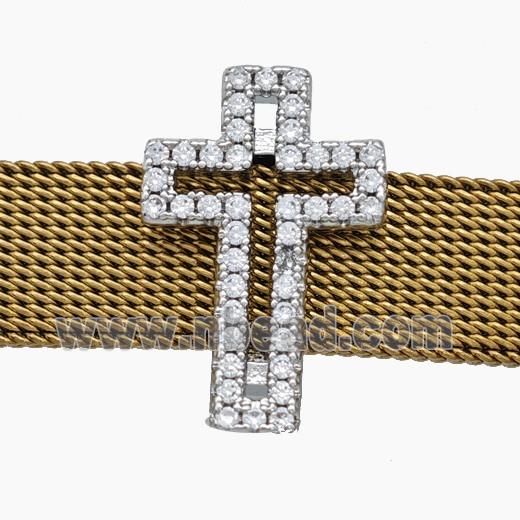 Copper Watchband Beads Pave Zirconia Cross Flat Hole Platinum Plated