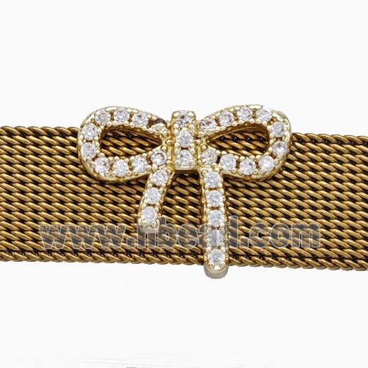 Copper Watchband Beads Pave Zirconia Knotbow Flat Hole Gold Plated