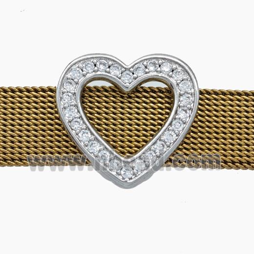 Copper Watchband Beads Pave Zirconia Heart Flat Hole Platinum Plated
