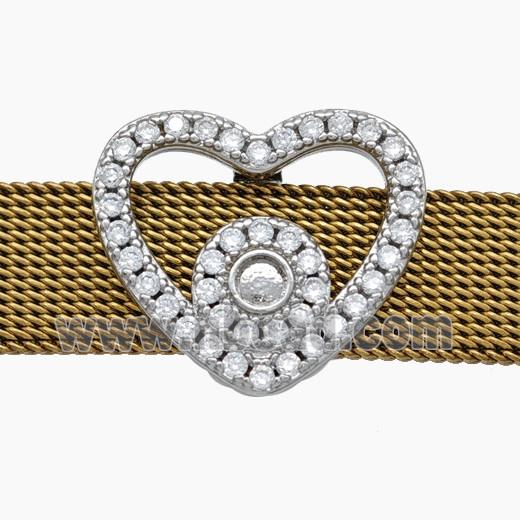 Copper Watchband Beads Pave Zirconia Heart Flat Hole Platinum Plated