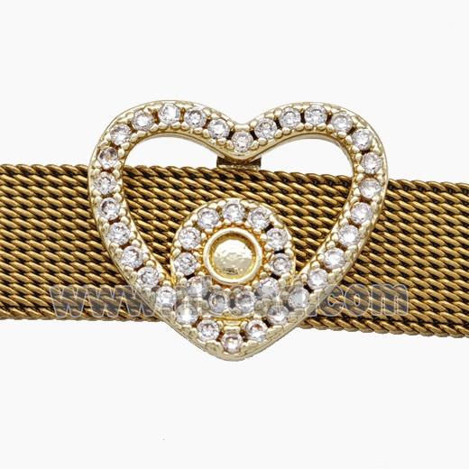 Copper Watchband Beads Pave Zirconia Heart Flat Hole Gold Plated