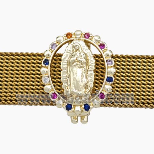 Copper Watchband Beads Pave Zirconia Virgin Mary Flat Hole Gold Plated