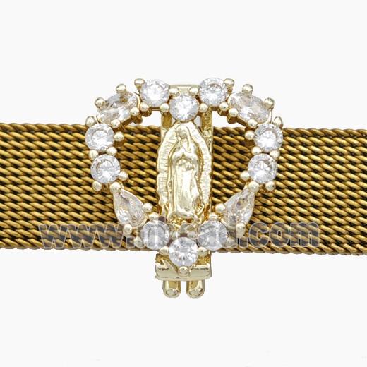 Copper Watchband Beads Pave Zirconia Virgin Mary Flat Hole Gold Plated