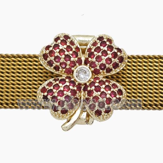 Copper Watchband Beads Pave Zirconia Clover Flat Hole Gold Plated