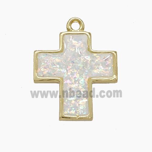 Copper Cross Pendant Pave White FireOpal Gold Plated