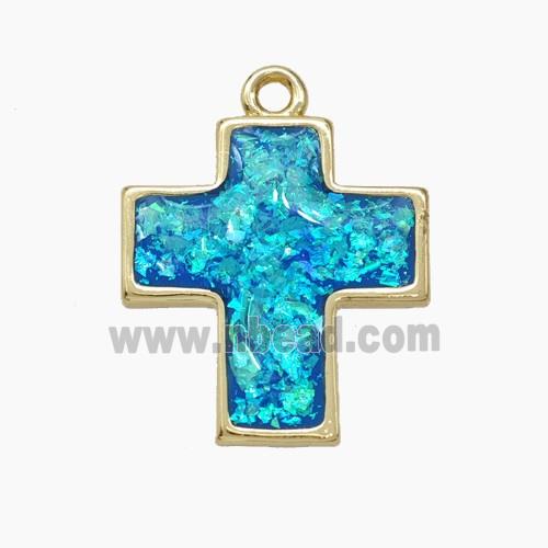 Copper Cross Pendant Pave Blue FireOpal Gold Plated
