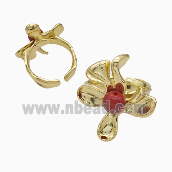 Copper Flower Rings Pave Pearlized Resin Red Gold Plated