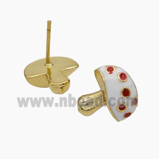 Copper Mushroom Stud Earrings White Enamel Gold Plated