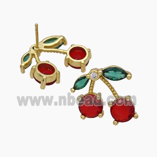 Copper Cherry Stud Earrings Pave Zirconia Gold Plated