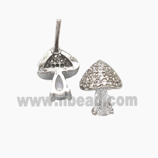 Copper Mushroom Stud Earrings Pave Zirconia Platinum Plated