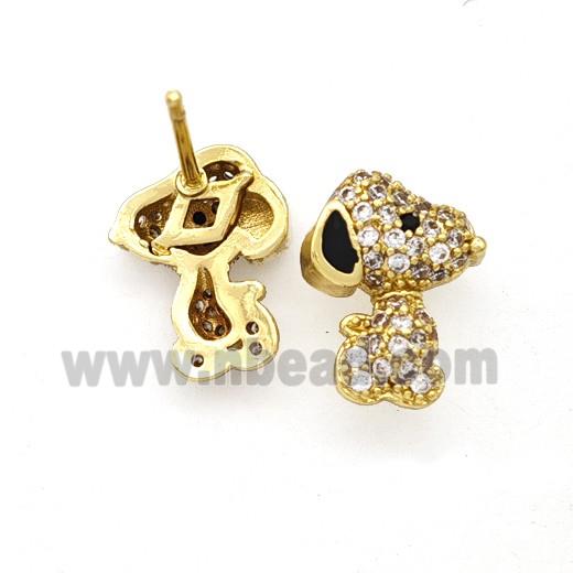 Copper Dog Stud Earrings Pave Zirconia Black Enamel Gold Plated