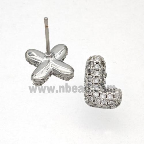 Copper Stud Earrings Pave Zirconia Letter-L Platinum Plated
