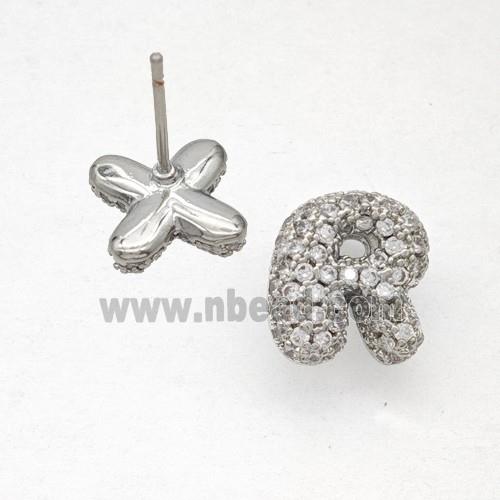 Copper Stud Earrings Pave Zirconia Letter-R Platinum Plated