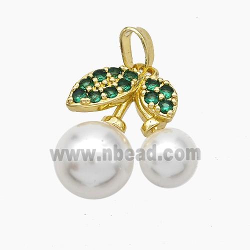Copper Cherry Pendant Pave Zirconia White Pearlized Resin Gold Plated