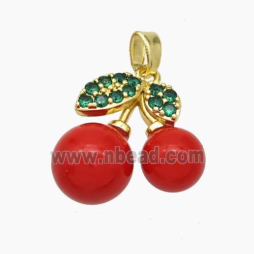 Copper Cherry Pendant Pave Zirconia Red Pearlized Resin Gold Plated