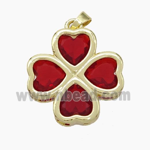 Copper Clover Pendant Pave Red Crystal Glass Heart Gold Plated