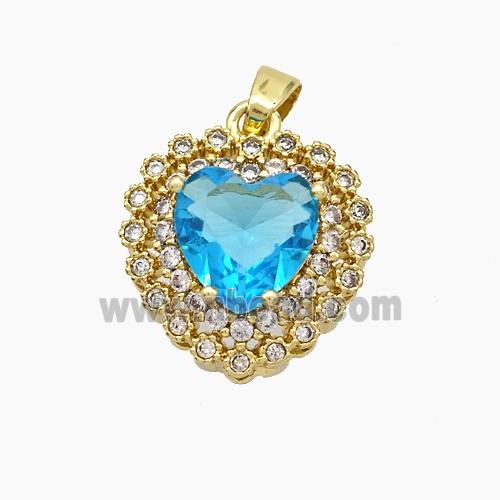Copper Heart Pendant Micropave Zirconia Blue Crystal Glass Gold Plated