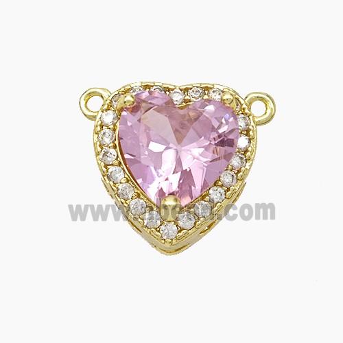 Copper Heart Pendant Micropave Zirconia Pink Crystal Glass 2loops Gold Plated