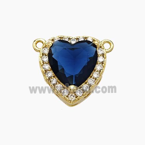 Copper Heart Pendant Micropave Zirconia Deepblue Crystal Glass 2loops Gold Plated