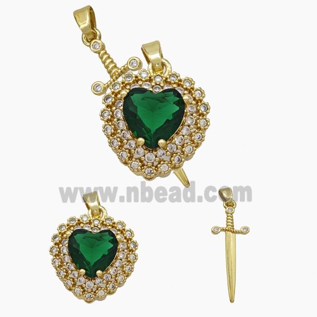 Copper Sword Heart Pendant Pave Zirconia Green Crystal Glass Gold Plated