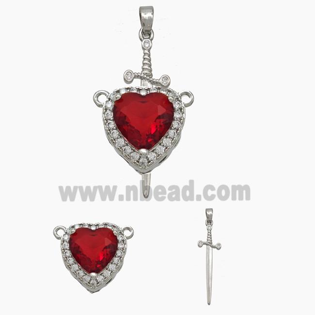 Copper Sword Heart Pendant Pave Zirconia Red Crystal Glass Platinum Plated