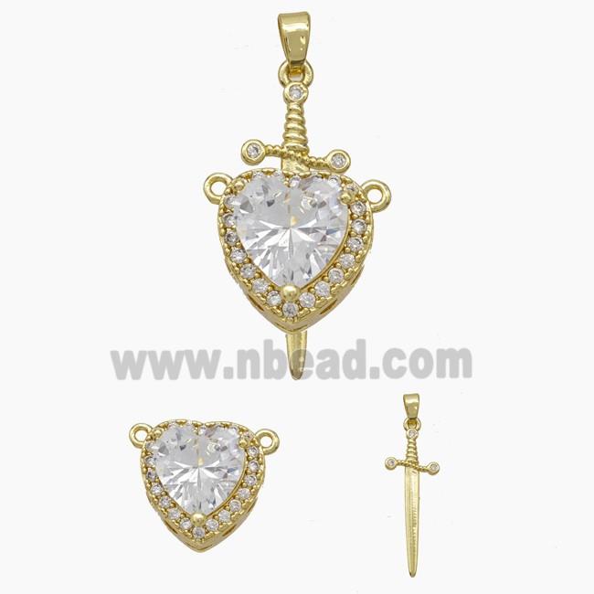 Copper Sword Heart Pendant Pave Zirconia Clear Crystal Glass Gold Plated