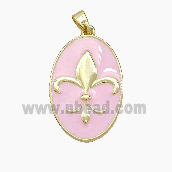 Copper Oval Pendant Fleur De Lis Pink Enamel Gold Plated