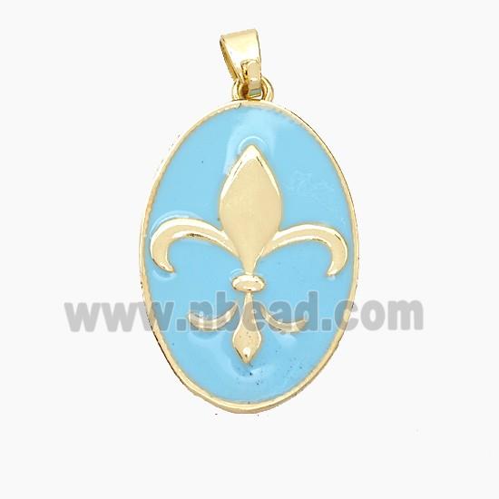 Copper Oval Pendant Fleur De Lis Blue Enamel Gold Plated