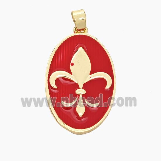 Copper Oval Pendant Fleur De Lis Red Enamel Gold Plated