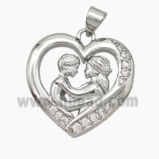 Copper Couple Pendant Pave Zirconia Heart Platinum Plated