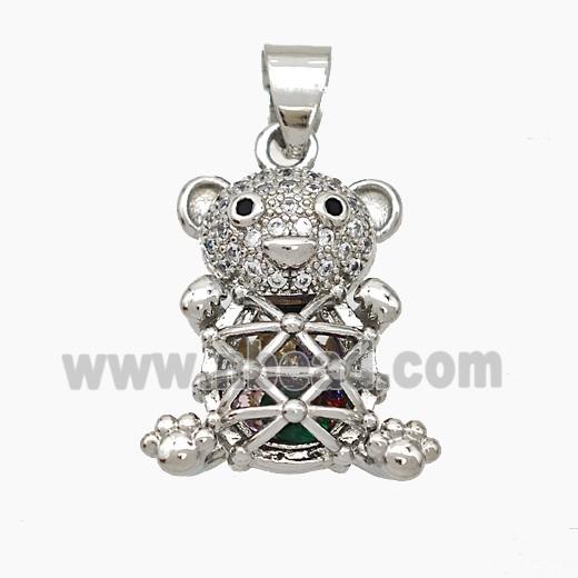 Copper Bear Pendant Pave Zirconia Hollow Platinum Plated