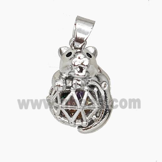 Copper Bear Pendant Pave Zirconia Hollow Platinum Plated