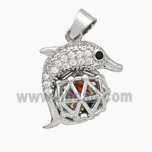 Copper Dolphin Pendant Pave Zirconia Hollow Platinum Plated