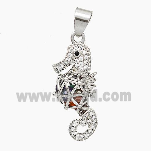 Copper Seahorse Pendant Pave Zirconia Hollow Platinum Plated