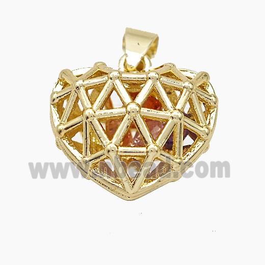 Copper Heart Pendant With Zirconia Hollow Gold Plated