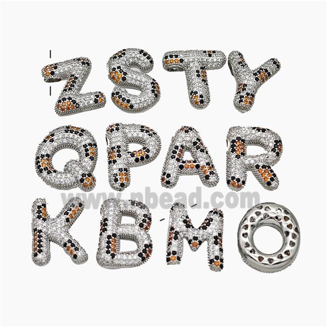 Copper Letters Pendant Micropave Zirconia Large Hole Platinum Plated Mix Alphabets