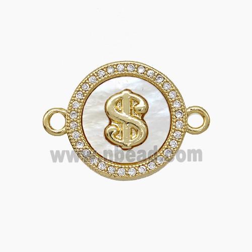 Copper Dollar Symbols Connector Pave Zirconia Shell Circle 18K Gold Plated