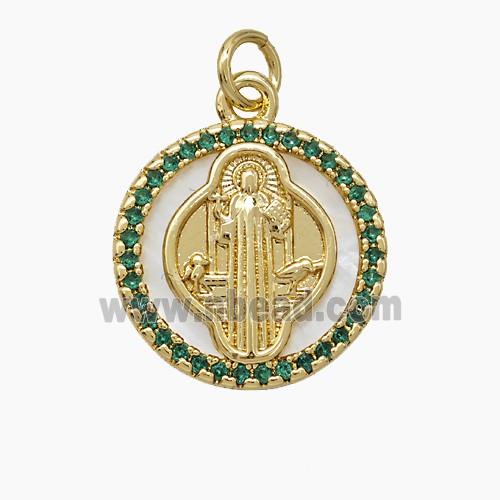 Copper Jesus Pendant Pave Zirconia Shell Circle 18K Gold Plated