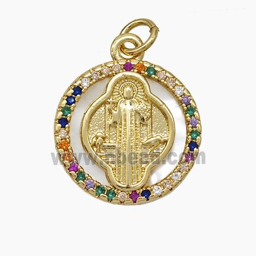 Copper Jesus Pendant Pave Zirconia Shell Circle 18K Gold Plated