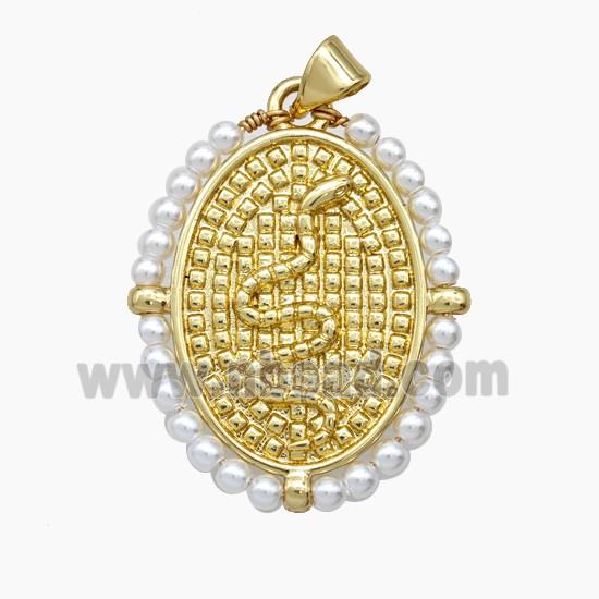 Copper Snake Pendant Pearlized Resin Wire Wrapped Oval 18K Gold Plated