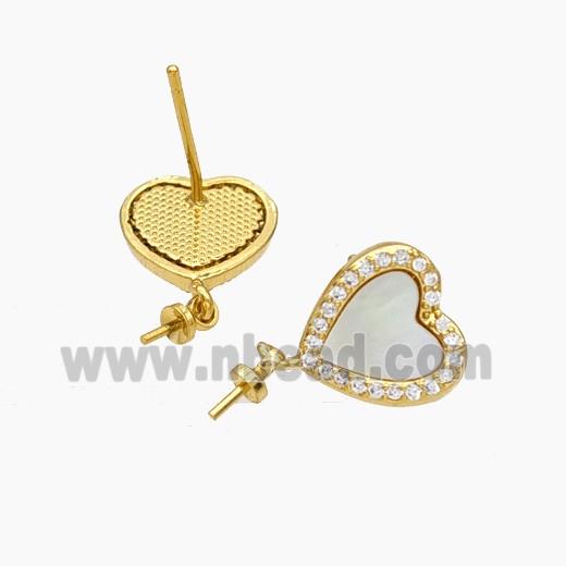 Copper Heart Stud Earrings Pave Zirconia Shell 18K Gold Plated