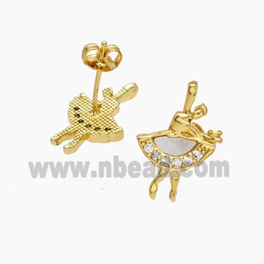 Copper Stud Earrings Pave Zirconia Shell Dancer Girls 18K Gold Plated