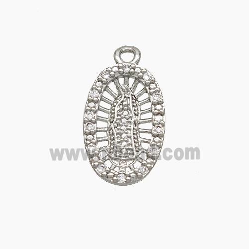 Virgin Mary Charms Copper Oval Pendant Pave Zirconia Platinum Plated