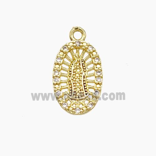 Virgin Mary Charms Copper Oval Pendant Pave Zirconia Gold Plated